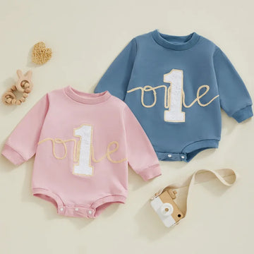 6 to 18 Months Baby First Birthday Bodysuit Spring Autumn Clothes Long Sleeve Crew Neck Letters Jumpsuit Baby Clothing