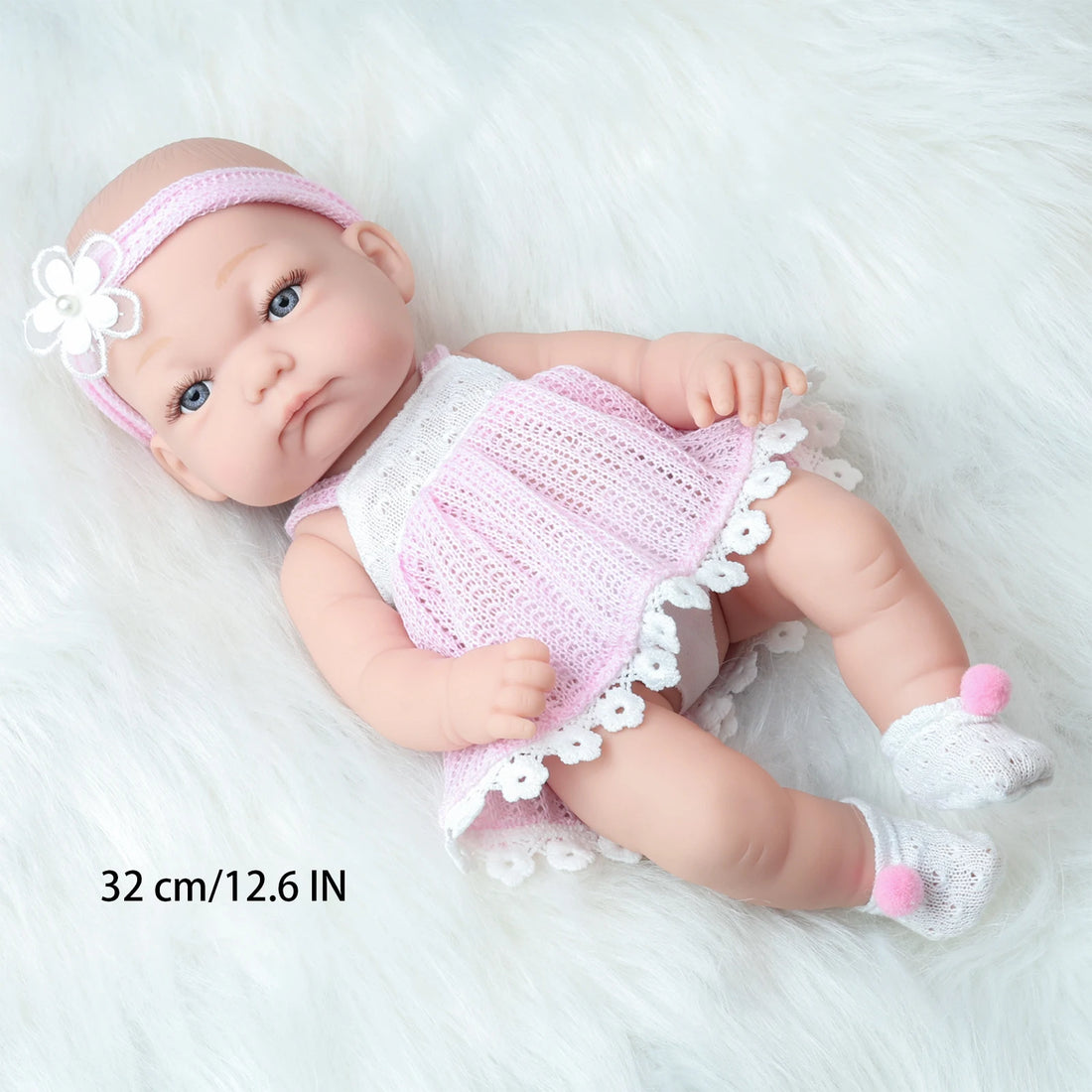 32cm/12.6 Inches Bebe Reborn Baby Doll Pink Color Clothes Vinyl Body Realistic New Born Baby Dolls with Fashion Stocking Gift